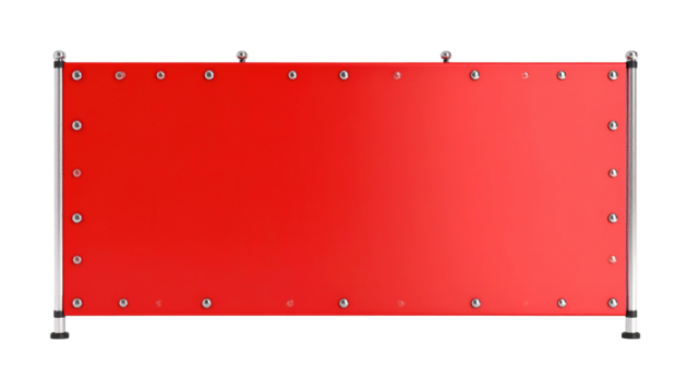 Red advertising banner with metal stand isolated on a transparent background.