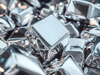 A pile of shiny metallic cubes reflecting light