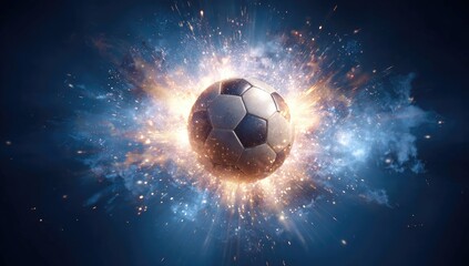 Fototapeta premium A soccer ball explodes in a burst of blue and orange fire, sparks, and smoke against a dark background
