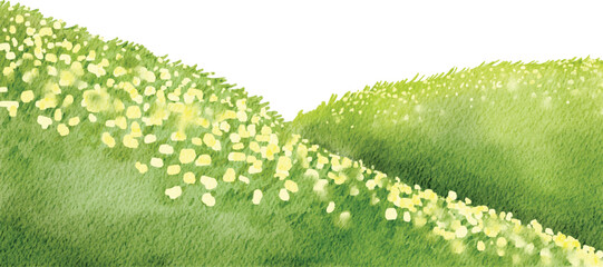 Dreamy summer scenery of a green valley with scattered flowers, painted in a soft, impressionistic watercolor style.