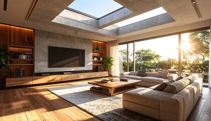 Living Room Interior with Skylight and Natural Light
