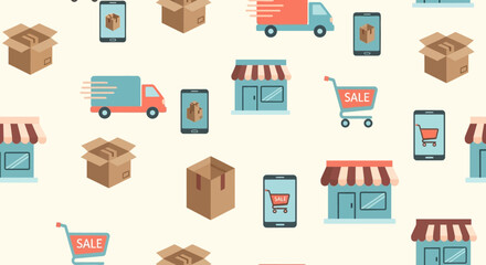 Seamless pattern illustrating e-commerce concepts with delivery trucks, storefronts, and online shopping icons.