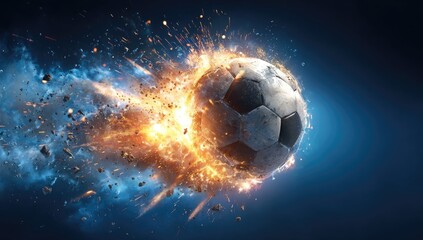 Fototapeta premium A soccer ball explodes in a fiery, dynamic burst of energy, surrounded by debris and bright flames against a dark blue backdrop