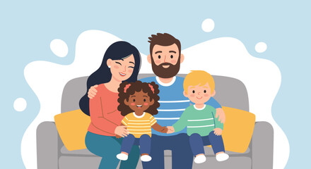 Happy family sitting on a couch - perfect for family blogs, websites, or greeting cards.