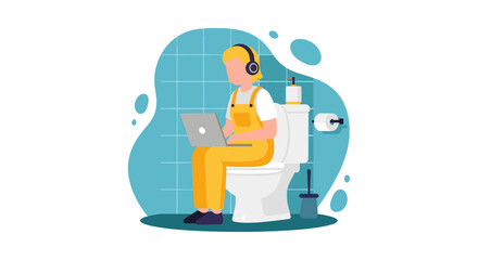 Person working on laptop while sitting on toilet, vector illustration for blog or website.