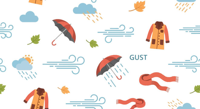 Seamless pattern illustrating various autumn weather elements including rain clouds, wind gusts, falling leaves, umbrellas, coats, and scarves.