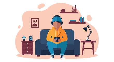 Young man relaxing at home, listening to music and using a tablet - perfect for blogs, websites, or app designs.