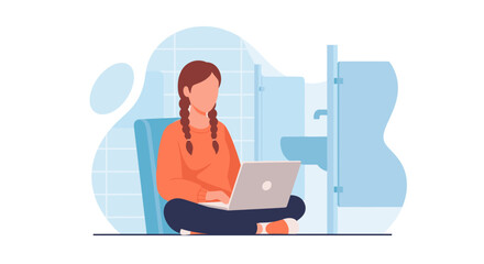 Young woman working on laptop in a modern restroom, perfect for website banners or blog posts about remote work.