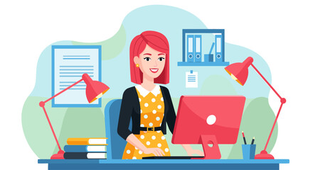 Happy businesswoman working on computer in modern office, perfect for website banners or business presentations.