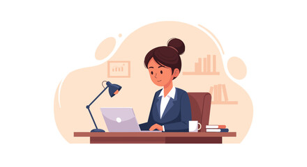 Businesswoman working on laptop in modern office - perfect for website banners, brochures, or presentations.
