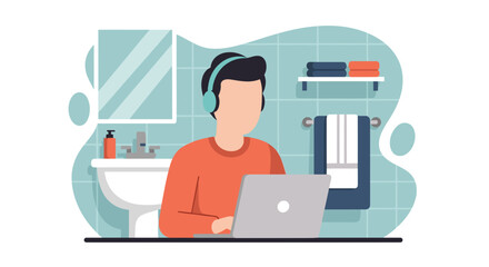 Man working on laptop in bathroom, perfect for remote work, work from home, or lifestyle blogs.