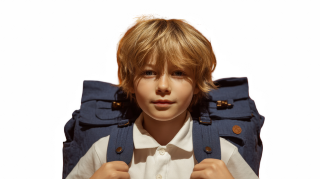 Smiling boy with blond hair wearing a blue backpack looking directly forward on transparent background