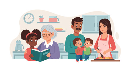 Happy multigenerational family cooking and reading together in a modern kitchen. Perfect for family, food, and togetherness themes.