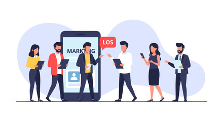 Marketing team collaboration: Diverse professionals using mobile app for project management, ideal for presentations and reports.