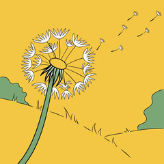 Dandelion puff blowing in the wind against a yellow background  