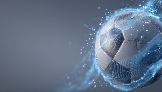 A soccer ball, primarily white with gold detailing, is depicted in dynamic motion, enveloped by a swirling, ethereal, light-blue energy field against a muted gray backdrop