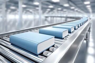 Light blue books move along assembly line, in a bright, industrial setting, ready for distribution.