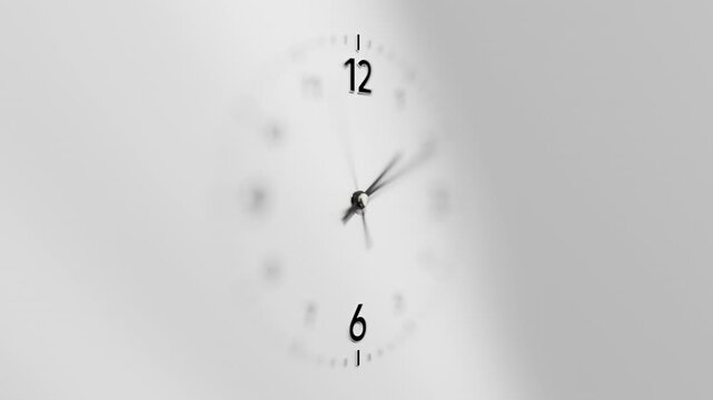 Close-up macro 3d time-lapse of minimalist classic black wall clock spin, neutral light white background, day to night transition, rotating camera movement