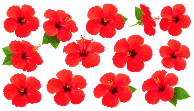 Red hibiscus flowers arranged isolated on a transparent background.