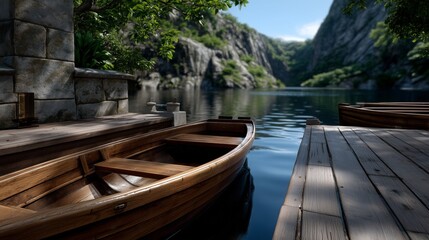Wooden boat docked at serene lake surrounded by rocky cliffs and lush greenery during a clear sunny day