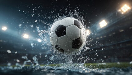 Naklejka premium A soccer ball, wet and splashing, ascends in a stadium, floodlights gleaming in the background