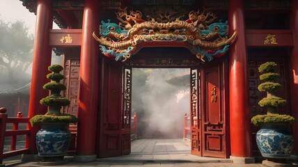 Red Chinese temple gate with dragon motifs and incense smoke in soft morning light 2