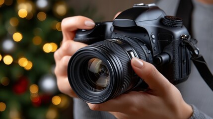 Camera held by an individual in front of a beautifully decorated Christmas tree with soft lights
