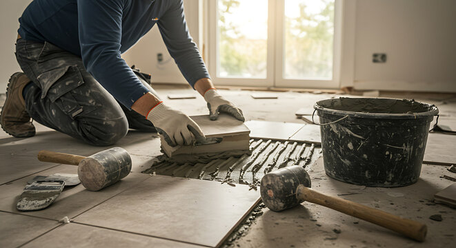 Professional tiler installing ceramic floor tiles during home renovation project, showcasing craftsmanship and home improvement
