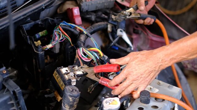 A man is working on a car battery. Concept of determination and focus as the man uses a pair of pliers to remove the battery. The scene suggests that the man is skilled in car maintenance