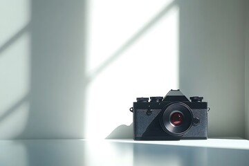 Black vintage camera on white background with sunlight, photography equipment concept