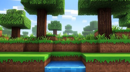Pixelated forest landscape with flowing water