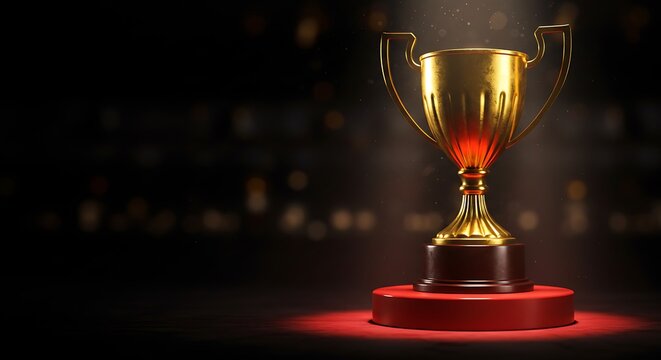 Golden trophy bathed in spotlight symbolizing victory achievement and success award ceremony celebration for champions and outstanding performance in competition