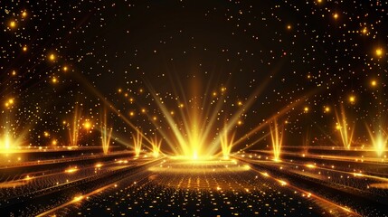 A large, empty stage with a bright yellow background and a lot of lights