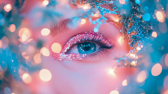 A magical close-up of an eye with vibrant pink glitter eyeshadow, framed by soft glowing lights and winter foliage, perfect for a New Year's or Christmas theme.