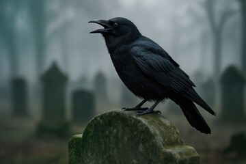 Majestic Crow Perched on Eerie Tombstone in Foggy Graveyard Setting During Mysterious Misty Morning Perfect for Halloween Gothic Themes and Haunting Atmosphere with Dramatic Dark Tones