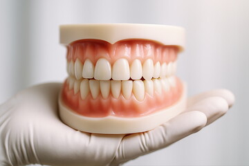 Obraz premium Detailed Display of Dental Mold Showing Human Teeth in a Dentist's Gloved Hand Under Clinical Lighting for Educational Purposes in Dental Healthcare Setting