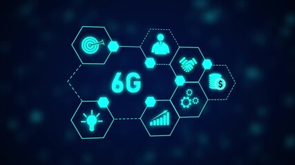 Stunning 6 G Network Technology Hexagon Animation Futuristic Business Growth Innovation Success. Explore 6G Network Technology For Futuristic Growth, Innovation, Smart Cities, And Connectivity. - Powered by Adobe