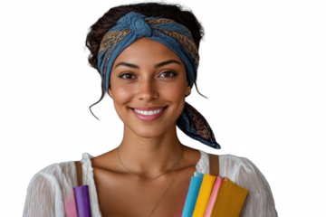 Radiant young woman smiling with colorful books and stylish headscarf, exuding positivity and charm on transparent background
