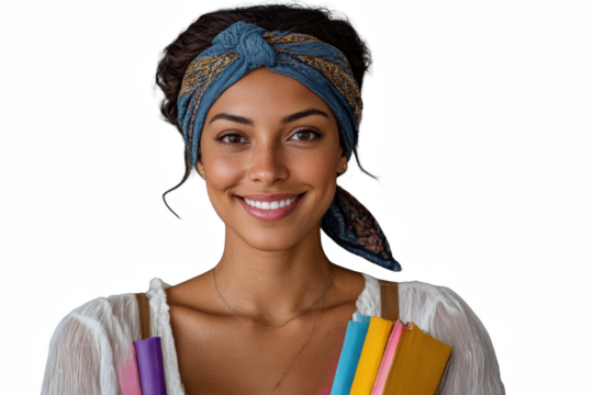 Radiant young woman smiling with colorful books and stylish headscarf, exuding positivity and charm on transparent background