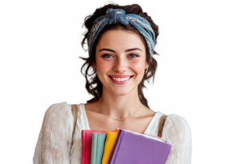 Charming young student with books and a headband smiling brightly, isolated on transparent background