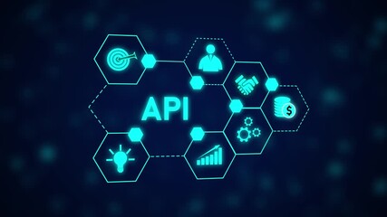 API Network Technology Hexagon Business Growth Innovation Success Finance Digital Marketing. API Network Technology Animation with Digital Data and Business Growth Background. - Powered by Adobe