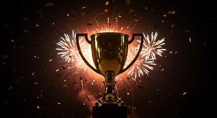 Golden trophy cup sparkling with festive fireworks and celebratory confetti marking a successful achievement and championship victory