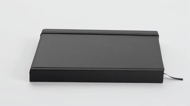 Black notebook with elastic band and ribbon bookmark on white background  