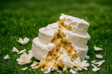 Ruined Wedding Cake on Grass with Fallen White Flowers Reflecting Imperfection and Untold Story in Outdoor Setting