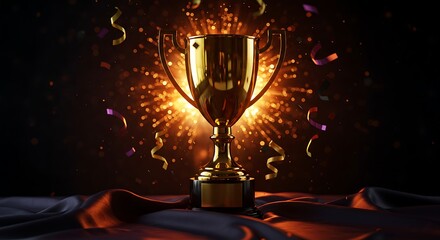 Golden Trophy Cup Symbolizing Victory Achievement and Celebration with Confetti Showering Down Representing Success in Competition