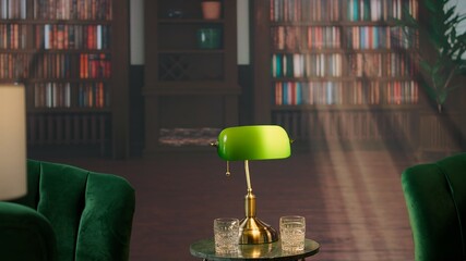 Timeless refined library at the elite social club with green chairs and whiskey glasses, elegant...