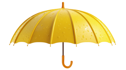 3D umbrella icon in bright yellow cartoon plastic style with curved handle, weather concept, isolated on transparent background 