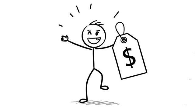 Animated Stick Figure Celebrating Low Price Tag, Comic Style Vector Illustration