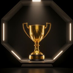 Golden trophy in illuminated display case showcasing success and achievement against a dark background with soft lighting ideal for awards ceremony promotional content