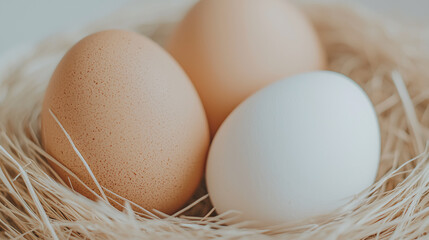 Three eggs, two brown and one white, nestled in a bed of straw or hay.